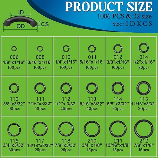1086 Pcs SAE Standard O Ring Kit Nitrile Rubber O-Rings Assortment with O‘Ring Pick for Hydraulic Automotive Plumbing Faucet Seal Repair 32 Size Inch ID:1/8”-2”