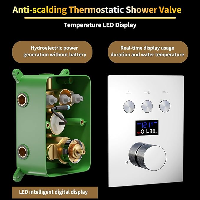 AYIVG 3 Way Shower Diverter Thermostatic Valve LED Digital Display Shower Valves Concealed Shower Control Valve Kit 3 Functions Shower Faucet Valve in Chrome Can Use All Options At a Time