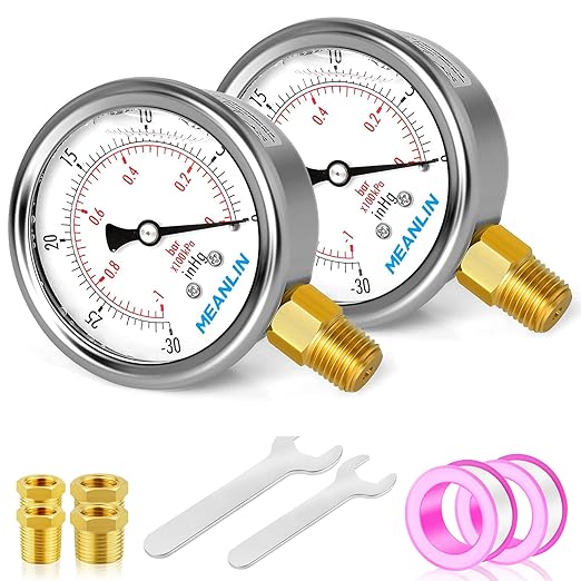 MEANLIN MEASURE -30inHG~0Psi Stainless Steel 1/4" NPT 2.5" FACE DIAL Vacuum Pressure Gauge, Lower Mount (Pack of 2), with 1/2" NPT and 3/8" NPT Hex Bushing