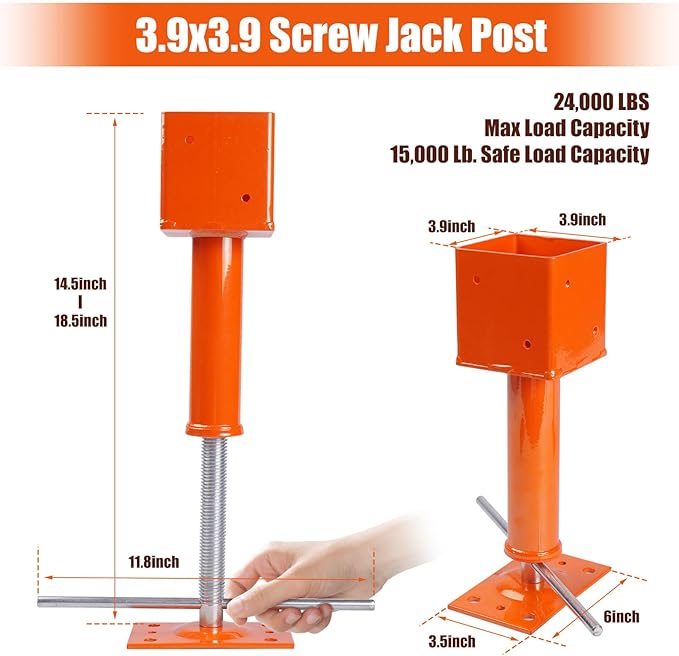 Adjustable Screw Jack Post 14.5"-18.7", Heavy Duty 3.9x3.9 House Jack with 24,700 lbs Support, Basement & Crawlspace Floor Jack Post for Leveling Beams, Comes with Work Gloves