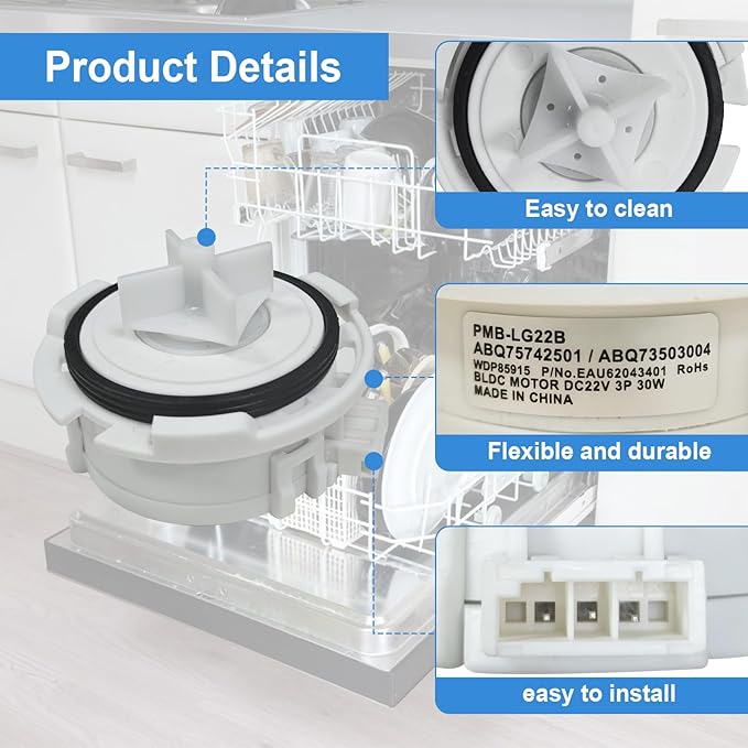 ABQ75742501 Dishwasher Drain Pump Motor Assembly Fit for Kenmore LG Dishwasher Drain Pump Replaces Part LDTS5552S, ABQ75742501, ABQ75742505, EAU62043401, 4963038, EAP12742537, EAU60710801