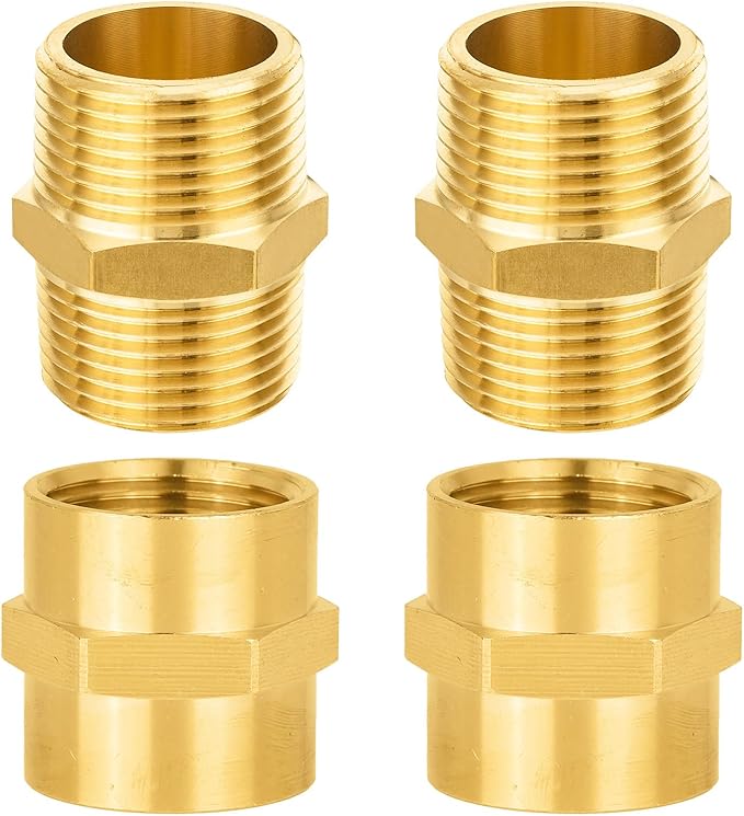 4-PCs HeSun Brass Pipe Fittings Combo, 2-PCs 3/4" NPT Male + 2-PCs 3/4" NPT Female Hex Nipple Adapter