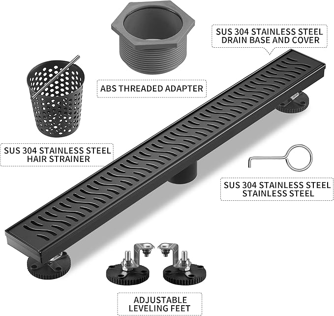 Linear Shower Drain 24 inch, Floor Drain with Removable Pattern Grate, 304 Stainless Steel Rectangular Linear Drain with Hair Strainer, CUPC Certified, Matte Black, SD-103