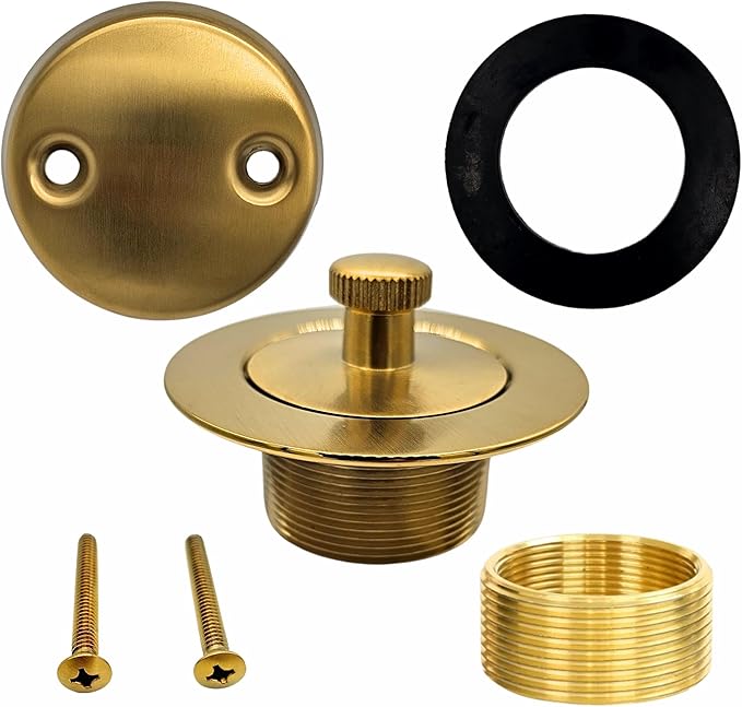 Brushed Gold Bathtub Drain - Lift and Turn - Gold/Brass Tub Drain, Overflow Drain Cover, and Tub Drain Replacement Kit - Solid Brass - Professional Grade - Fits 1-3/8" and 1-1/2"