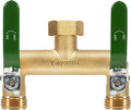 Garden Hose Splitter, 3/4” Rust and Freeze Resistant Outdoor Hose Manifold with 2 Green Extra Long Handles Faucet Adapter-Heavy Duty Brass 2-Way Valve