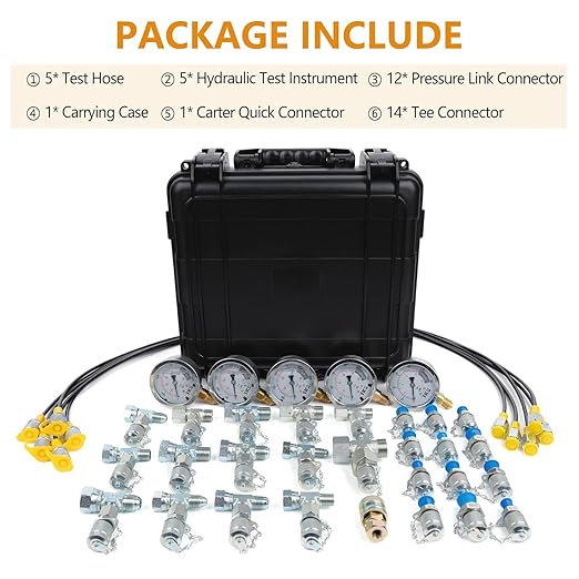 Hydraulic Pressure Test Kit，600bar /8700psi / 60mpa 5 Gauges 13 Test Couplings 14 Tee Connectors 5 Test Hoses, Hydraulic Gauge Kit Sturdy Carrying Case for Excavator Construction Machinery Ships Mine