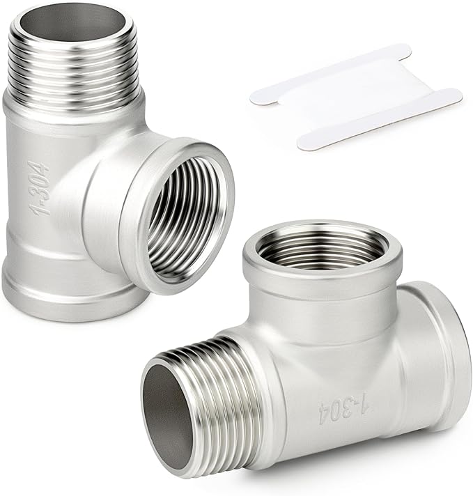 TAISHER 2PCS 304 Stainless Steel Tee Pipe Fittings, 1" NPT Female x 1" NPT Female x 1" NPT Male Pipe Fittings, Male Run Tee