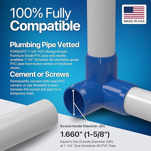 FORMUFIT 1-1/4" 3-Way Elbow Furniture Grade PVC Fitting in Blue, Made in USA, UV-Resistant, Impact-Proof, 1.660" Actual Socket Diameter (Pack of 4)