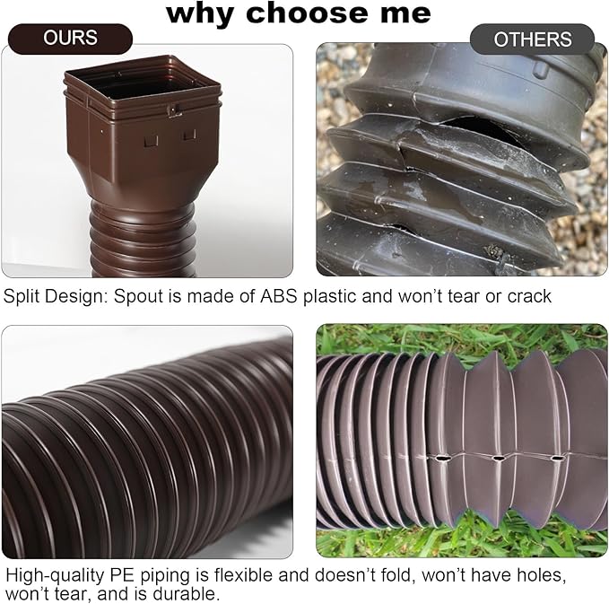 2 Pack Rain Gutter Downspout Extensions, Flexible Downspout Extender with 58"+68" Extendable Pipes for Rain Water Drainage, Durable Down Spout Drain Extension with Connector (Brown)
