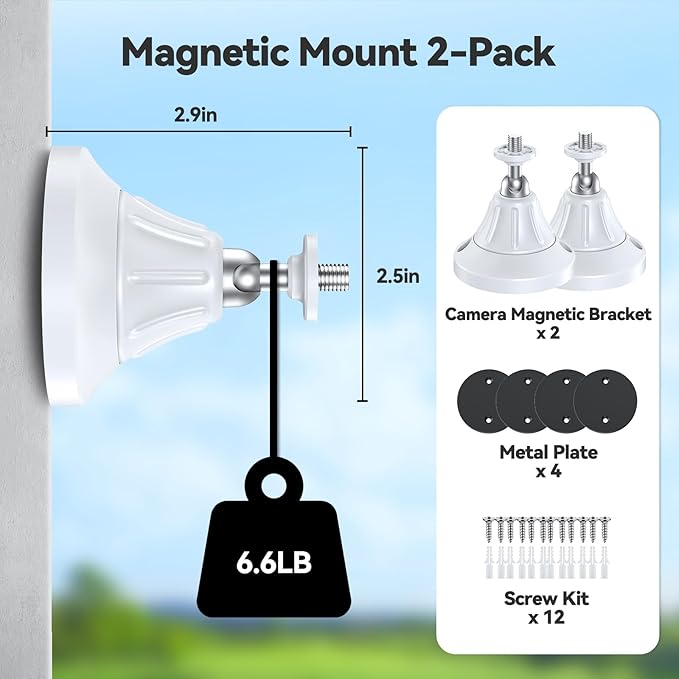 Magnetic Wall Mount for Security Cameras, Universal 1/4″ Screw, Adjustable Angle, Strong Magnet, No-Drill, Indoor/Outdoor, Tabletop & Wall Cameras, Compatible with Ring, Arlo, Wyze (White, 2 Pack)