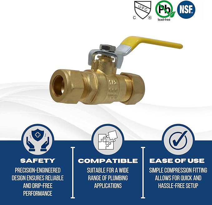 XFITTING Compression Shut Off Valve, 1 Pack 1/2 Inch Compression Ball Valve, Full Port, Brass, 600 WOG (Water, Oil, Gas) 1 Pack