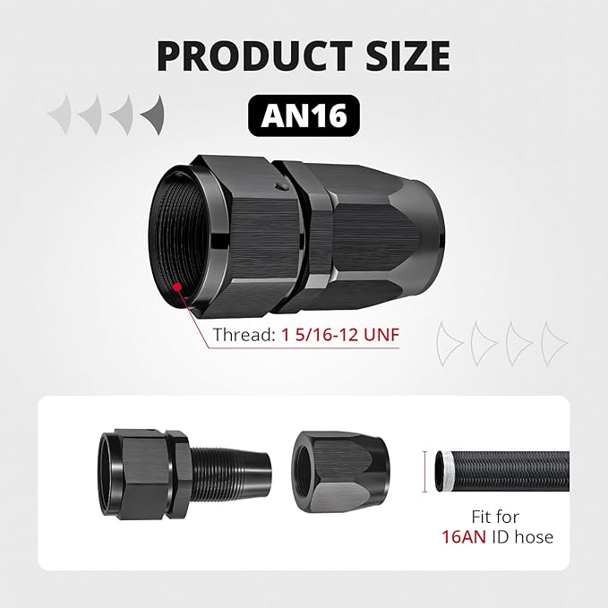 EVIL ENERGY 16AN Hose End Fitting Straight Swivel for CPE Braided Hose Black 2PCS