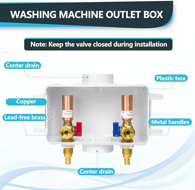 Washing Machine Outlet Box, Center Drain, 1/2 Inch Pex Crimp Inlet x 3/4 Inch MHT Outlet Connection, with Copper Water Hammer Arrestor (Pack of 2)