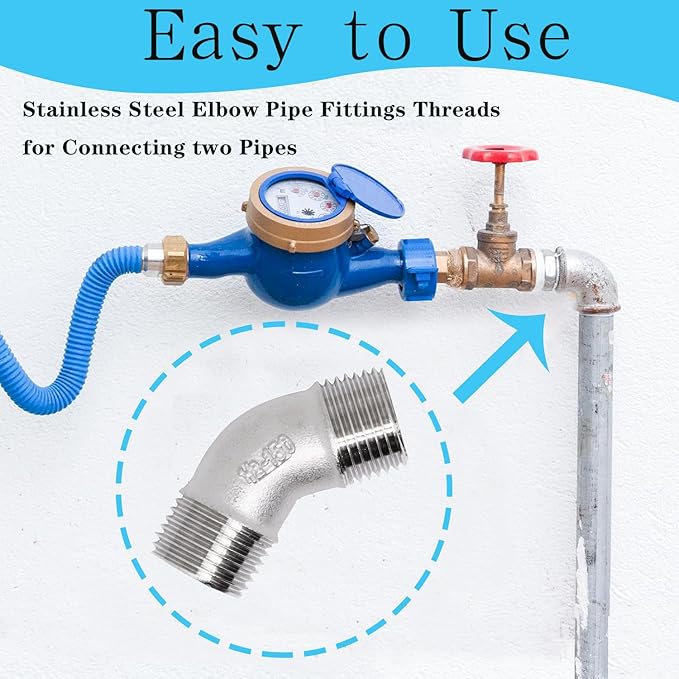 2PCS 304 Stainless Steel 45 Degree Elbow, 1/2" NPT Male Pipe to 1/2" NPT Male Coupler, Heavy Duty Forged Street Elbow Adapter Pipe Fittings, Class 150