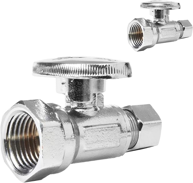 50-PCs HeSun Straight Stop Valve, 1/2" FIP X 3/8" OD Compression, 1/4 Turn Shut Off Valve, Chrome Plated Brass(VALVE057-50)