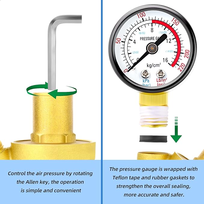 MEANLIN MEASURE 1/2 inch brass Water pressure regulating valve, pressure regulating valve, pressure reducing valve, DN15, with 0-220PSI pressure gauge