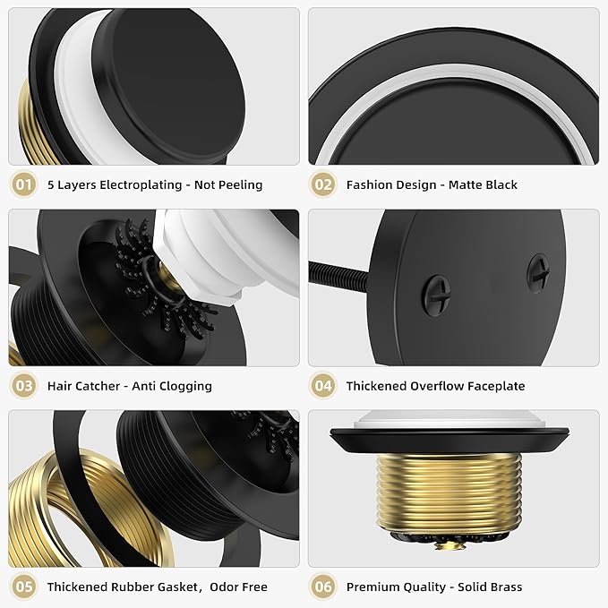 Matte Black Tub Drain Kit with Hair Catcher, Premium Brass Tip-Toe Bathroom Tub Drain Replacement and 2-Hole Overflow Faceplate, 11.5/16 UNC Bathtub Drain Stopper Assembly