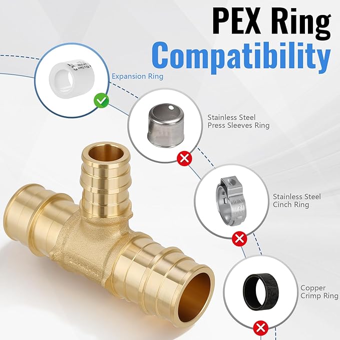 (10-Pack YVSKM) 3/4" x 3/4" x 1/2” PEX-A Reducing Tee Expansion Fitting, Lead-Free Brass Full Flow Connector, ASTM F1960 & cUPC Certified for Residential Hot & Cold Water and Radiant Heating Systems