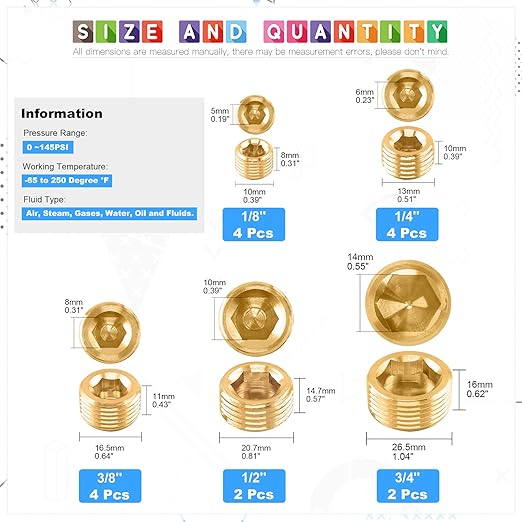 Glarks 16Pcs Brass 1/8'' 1/4'' 3/8'' 1/2'' 3/4'' NPT Male Pipe Plug Fitting Set Internal Hex Thread Socket Pipe Plug Assortment Kit