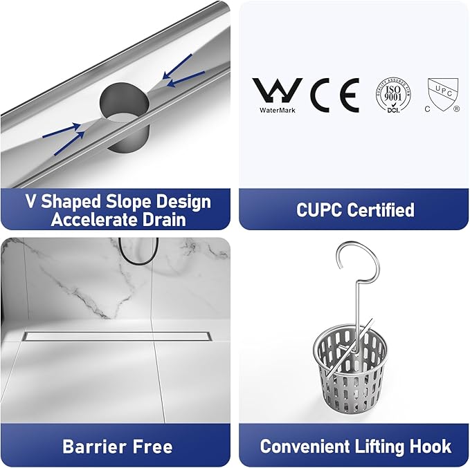Linear Shower Drain 24", Brushed Floor Drain with Tiled Insert Grate & Hair Strainer, 304 Stainless Steel Bathroom 2-in-1 Tiled in Drain, CUPC Certified (Brushed, 24'')