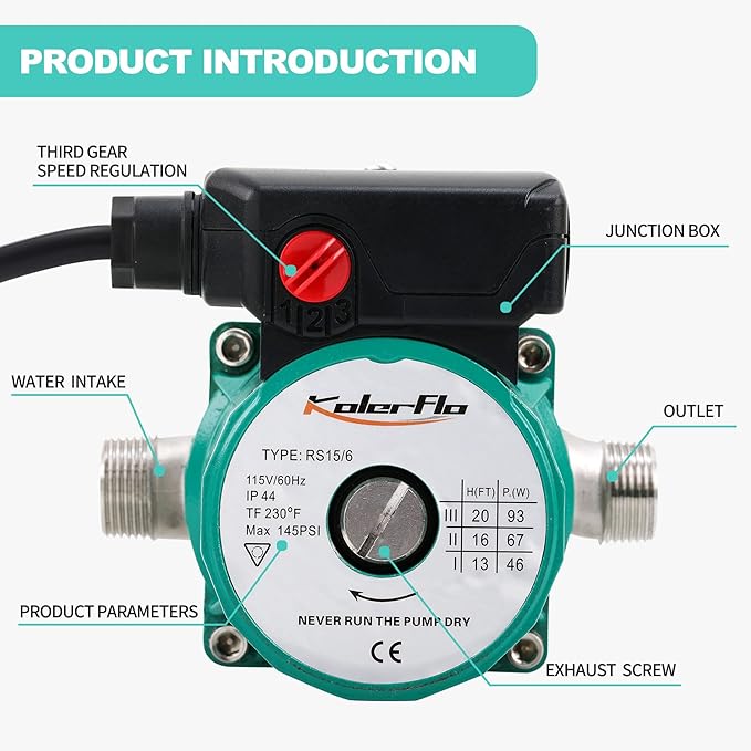 Hot Water Recirculating Pump,93W 3/4" NPT Circulation Pump,Stainless Steel Head for Domestic Water Heater System (RS15-6 Stainless Steel Green)
