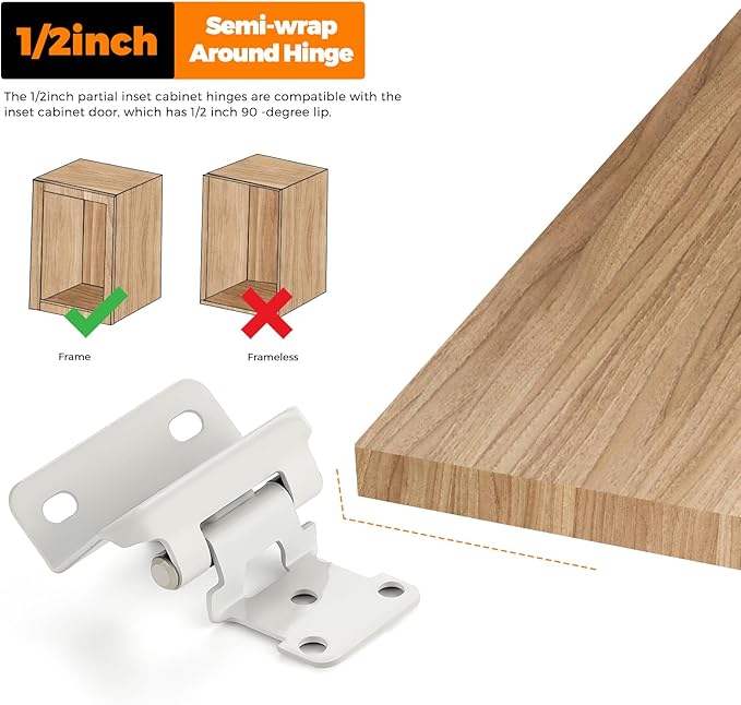 Ravinte 30 Pack 15 Pairs Semi-Overlay 1/2 inch Self-Closing Face Frame Cabinet Hinges White Half Wrap-Around Kitchen Cupboard Door Hinges Face Mount Cabinet Hardware