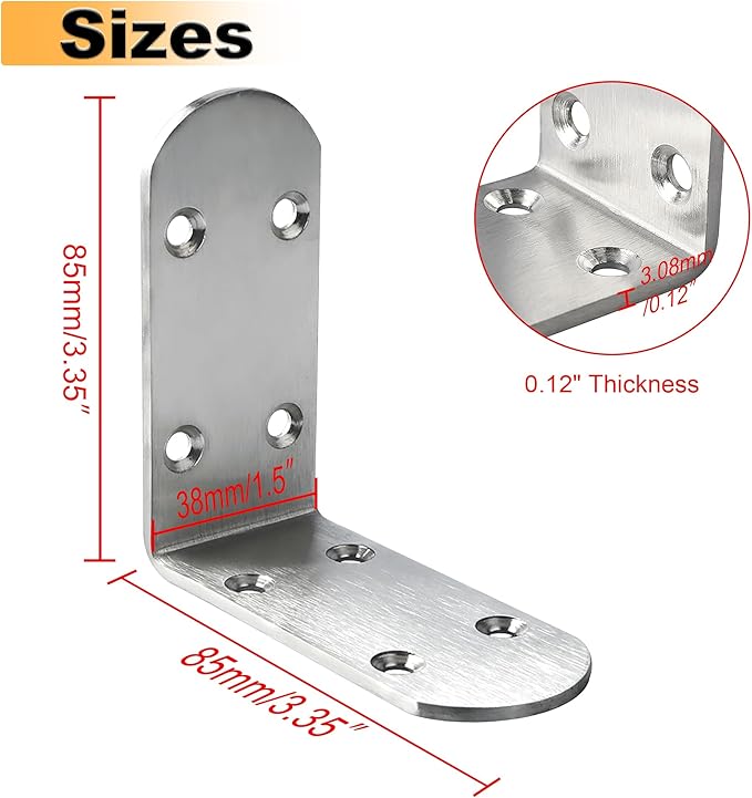 Alise 4Pcs Stainless Steel L Brackets for Shelves, Small Floating Shelf Brackets, 90 Degree Right Angle Bracket, Heavy Duty Metal L Bracket Corner Brackets for Wood Furniture (Brushed, 3.35X3.35 in)