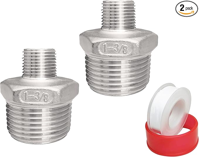 1" Male x 3/8" Male NPT Threaded Reducing Hex Nipple ，304 Stainless Steel Reducing Pipe Fitting Nipple Adapter With Teflon Plumbers Tape (Pack of 2)