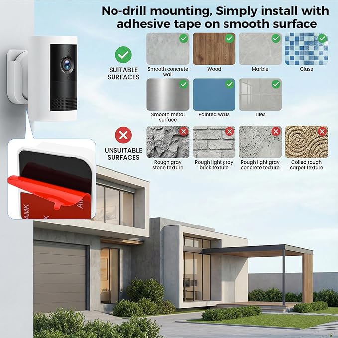 No Drill Wall Mount for Ring Outdoor Cam Plus, Adhesive Indoor Camera Mount with Strong Tape and Screws, Two Ways Easy Installation, 2Pack(White)