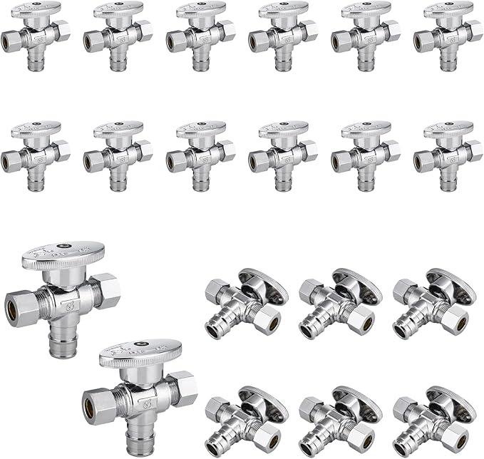 20-Pack Foskan Dual Outlet Angle Stop Valve,1/4 Turn Shut off Valve,1/2" PEX-A x 3/8" OD x 3/8" OD,Chrome Plated Brass