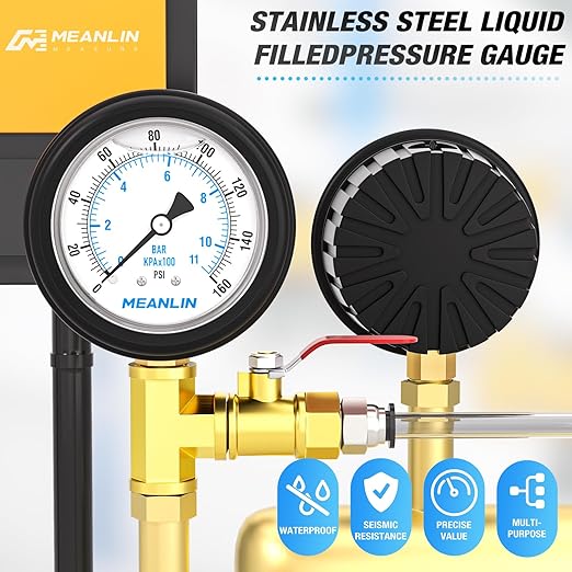 MEANLIN MEASURE 0~160Psi Stainless Steel 1/4" NPT 2.5" FACE DIAL Liquid Filled Pressure Gauge, Lower Mount (with Rubber Protective Sleeve), with 1/2" NPT and 3/8" NPT Hex Bushing