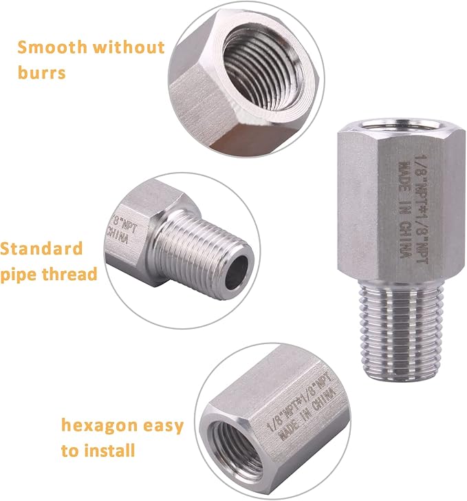 Forged Reducer Adapter Fitting - Stainless Steel 304 Reducing Pipe Connector, 1/8" NPT Female x 1/8" NPT Male (pack of 2)