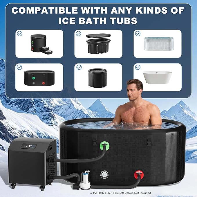 Ice Bath Water Chiller for Cold Plunge Tubs, 1HP Upgraded Cold Plunge Chiller with External Filter & Pump, Submersible Pump, Insulated Hoses, 110V Cooling Chiller for for Cold Therapy Recovery
