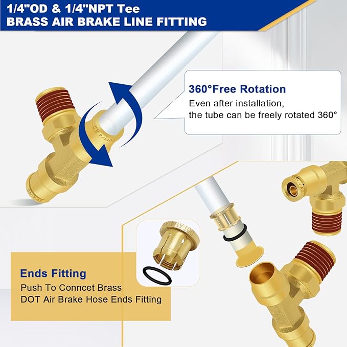 1/4" DOT Air Line Quick Connect Fittings, 3PCS Brass Push to Connect Fittings 1/4" Tube OD × 1/4" NPT Tee Union to Male Pipe Swivel for Truck Trailers Air Brake System