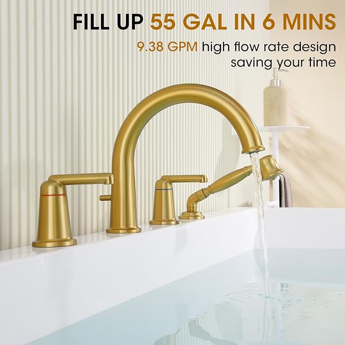 Roman Tub Faucet Set with Hand Shower, KRUZOO Bathtub Faucet Set Trim Kit with Rough-in Valve, Deck Mount Widespread 4 Hole Brass Tub Filler, KZ-9608BG, Brushed Gold
