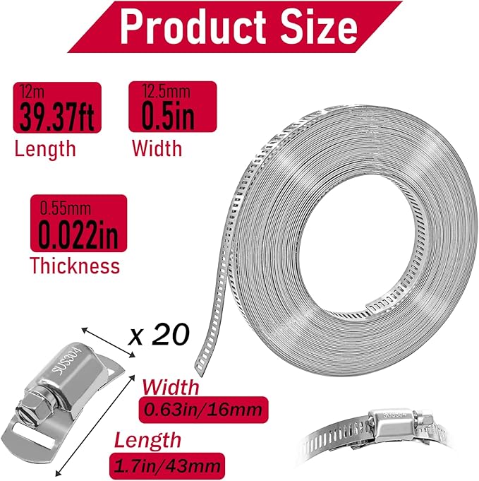 Hose Clamps Assortment Kit, CUKAYO 304 Stainless Steel DIY 39.37 FT Metal Strap+20 Stronger Fasteners, Large Adjustable Worm Gear Band Hose Clamps Screw Clamps Duct Pipe Metal Clamp Strapping