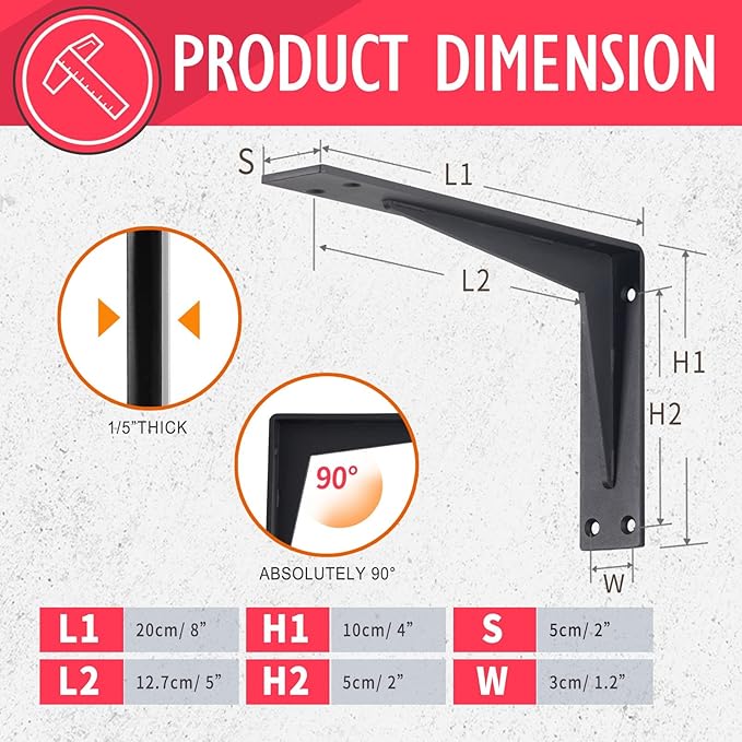 CLT Black Shelf Bracket, 10” Quarter Inch (1/5") Thick- Max Load: 330 lb Industrial Modern Farmhouse Heavy Duty Corner Brace Joint Right Angle Bracket for Table Bench, Space Saving DIY, Pack of 4