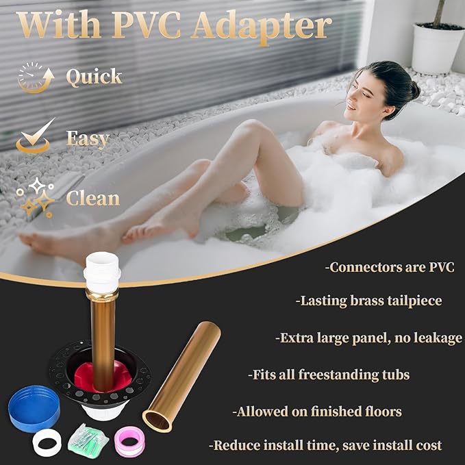 PVC Freestanding Tub Drain Rough-in Kit, Bathtub Drain Kit for Island Bathtubs, PVC Plastic Adapter and Brass Tail Pipes, Compatible with Free Standing Tub Drain, Floor Mounted Bathtubs