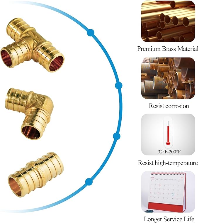 WiseWater 60 Pcs Pex Fittings, 1/2 inch T PEX Tee(20PCS) & 90 Degree Elbow & Straight Coupling, Brass Barb Crimp Pipe Fitting for Pex Pipe(Pack of 60), UPC Certified