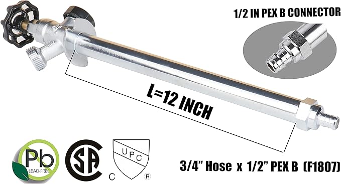 WHK 12 Inch Frost Anti-Siphon Sillcock 1/2 Inch PEX B X 3/4 Inch Hose Bibb,Frost Proof Outdoor Faucet Bib with Vacuum Breaker-Frost Free Spigot PEX Crimp Connection(Brass)