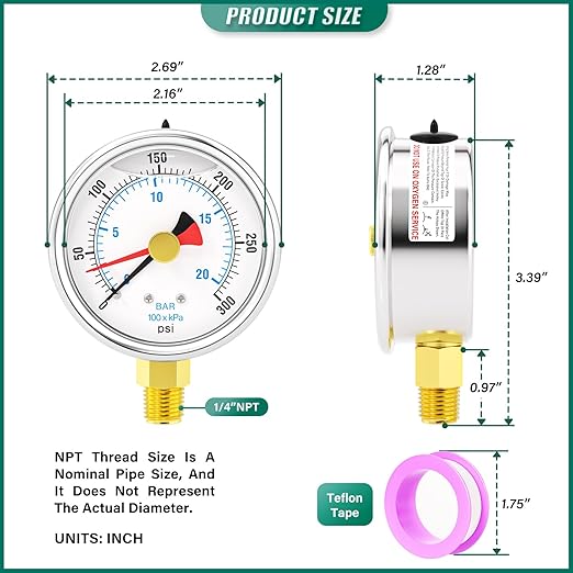 0-300PSI Stainless Steel with Reset Pointer Liquid Filled Pressure Gauge, 2.5" Dial Size, 1/4" NPT Lower Mount, for Tube, Water Pump, Gas, Liquid, Pressure Test
