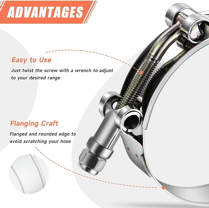 2 Pack 4" T-Bolt Hose Clamps, 304 Stainless Steel Turbo Intake Clamp, Working Range 4.25"-4.57"(108-116mm) for 4" I.D. Hose with 5mm Wall Thickness.(Measure your hose O.D. before buying)