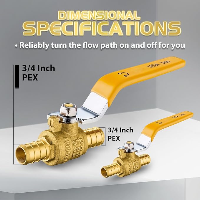 10-Pack Foskan 3/4 Inch PEX Crimp Full Port Ball Valve with Yellow Handle, Brass Quarter Turn Shut-off Valve for PEX Tubing