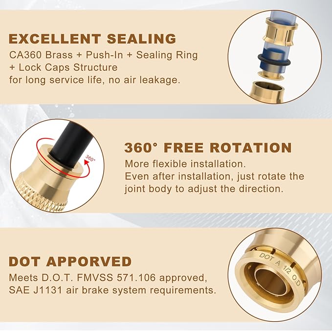 1/2" Quick Push to Connect Fittings Brass Union Straight Joint DOT Approved 1/2 inch tube OD Air Line Adapter Air Spring Suspension Kit for Car Truck Trailers and Air Brake System 5pcs