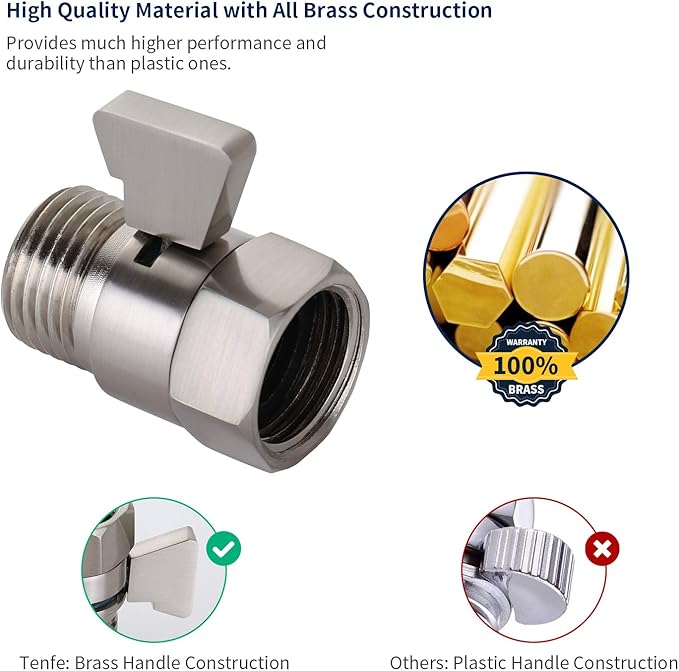 Tenfe Water Flow Control Valve, Brushed Nickel Shut Off Valve for Hand shower Adjustable Water Pressure Turn off Valve, Brass G1/2 Standard Connection