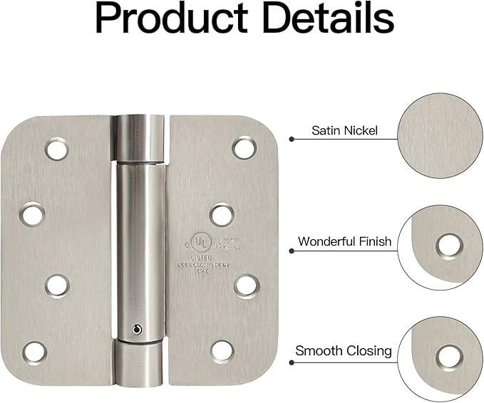 4 Inch Self Closing Satin Chrome Door Hinge 5/8" Radius Corner 3pack,Adjustable Tension for Garage, Front Door, Back Door, for Left and Right Hand Door, UL Listed
