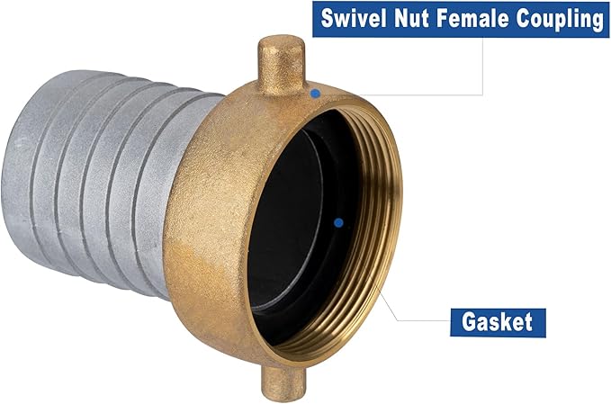 EASTRANS Aluminum Female Hose Fitting with Brass Nut, 2 inch Short Hose Shank Suction Coupling with 1 Clamp