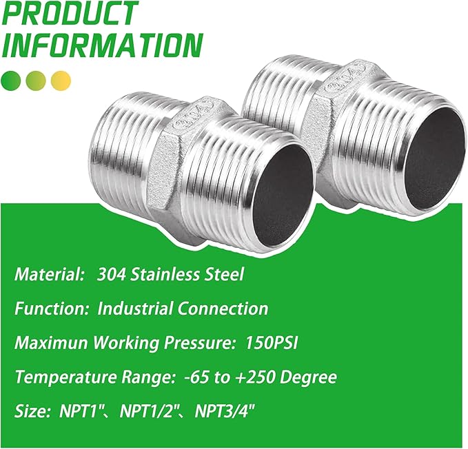 Stainless Steel Nipple Pipe Fittings, NPT Threaded Pipe Fitting 1/2" Male x 1/2" Male (Pack of 2)