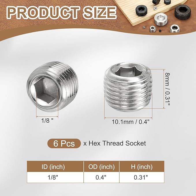 Pipe Plug Stainless Steel Internal Hex Thread Socket Pipe Plug Fitting - Fitting for (Sealing Port - Air Tanks - Water Outlets) 1/8 Inch NPT Male & 6 Pack