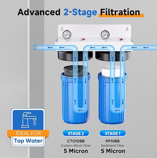 PUREPLUS 5 Micron 2-Stage Whole House Water Filter System for Municipal Water, 10"x4.5" Universal Clear Housing with Pressure Gauges, 1" NPT – NSF/ANSI 42 Certified Filters, Chlorine & Odor Removal